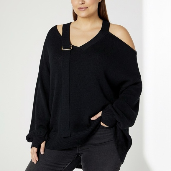 The Drop Sweaters - LucysWhims The Drop Black Buckle Cold Shoulder Slouchy Sweater V-Neck Size Small
